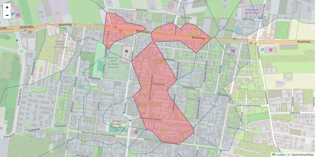Szczegółowa mapa kodu pocztowego 92-111 z granicami, sąsiednimi kodami pocztowymi i urzędami pocztowymi
