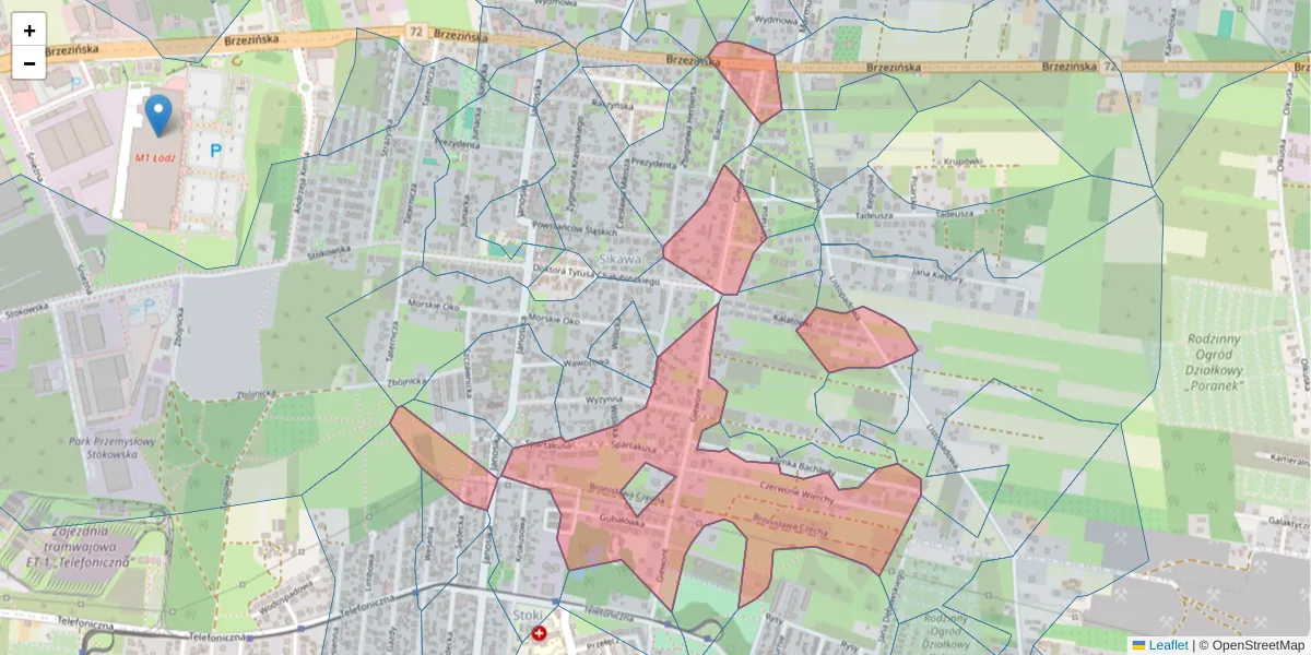 Szczegółowa mapa kodu pocztowego 92-116 z granicami, sąsiednimi kodami pocztowymi i urzędami pocztowymi