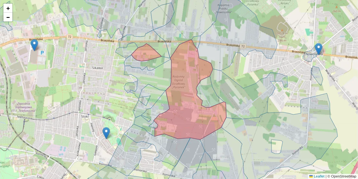 Szczegółowa mapa kodu pocztowego 92-119 z granicami, sąsiednimi kodami pocztowymi i urzędami pocztowymi