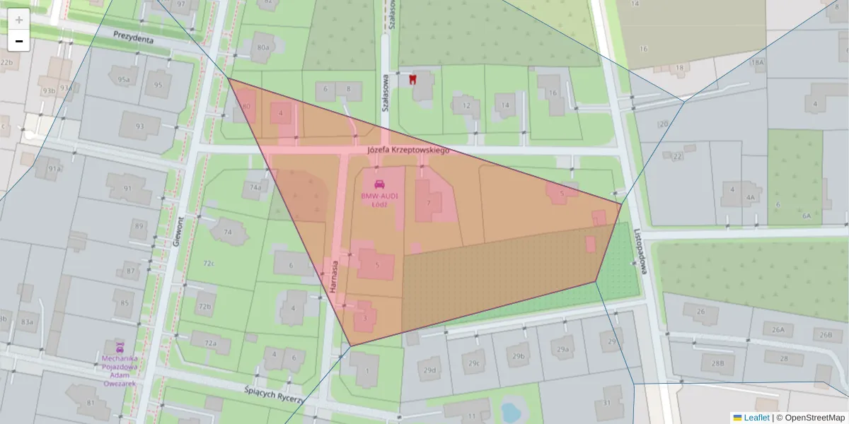 Szczegółowa mapa kodu pocztowego 92-121 z granicami, sąsiednimi kodami pocztowymi i urzędami pocztowymi