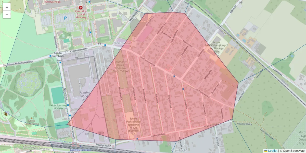 Szczegółowa mapa kodu pocztowego 92-219 z granicami, sąsiednimi kodami pocztowymi i urzędami pocztowymi