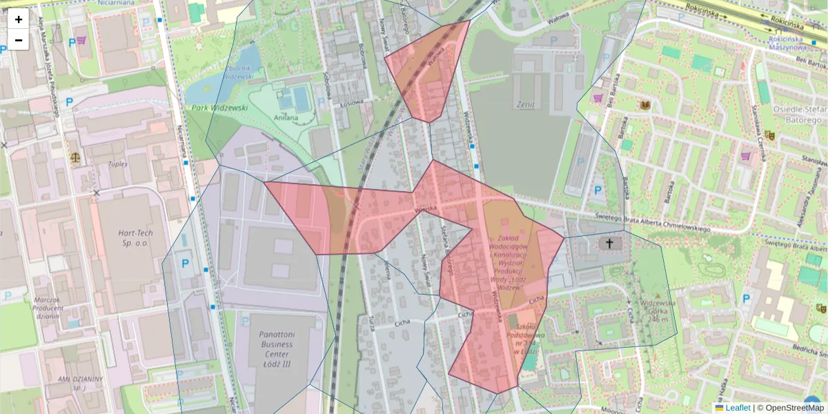 Szczegółowa mapa kodu pocztowego 92-308 z granicami, sąsiednimi kodami pocztowymi i urzędami pocztowymi