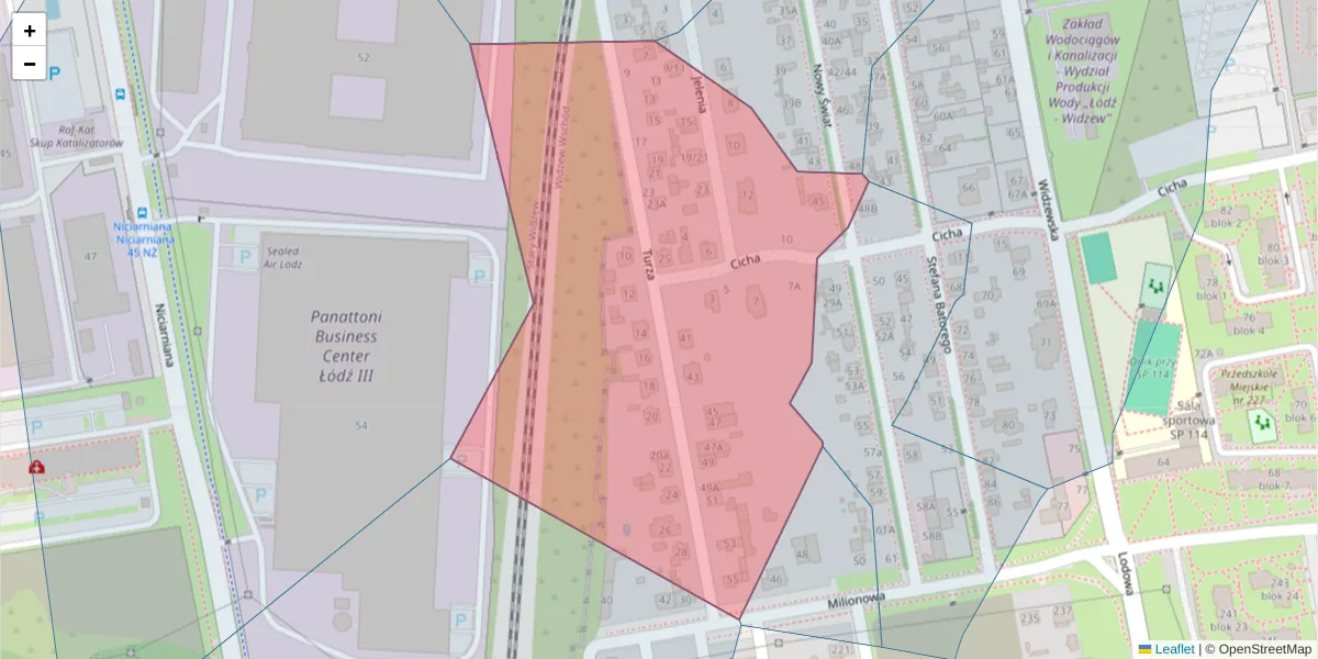 Szczegółowa mapa kodu pocztowego 92-309 z granicami, sąsiednimi kodami pocztowymi i urzędami pocztowymi