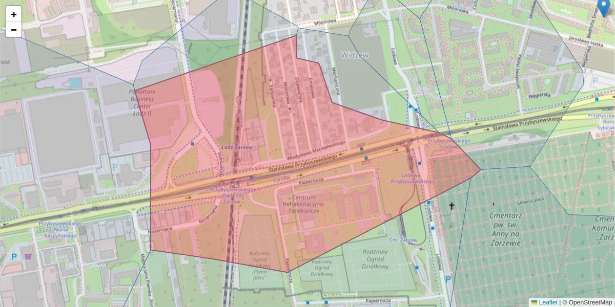 Szczegółowa mapa kodu pocztowego 92-311 z granicami, sąsiednimi kodami pocztowymi i urzędami pocztowymi