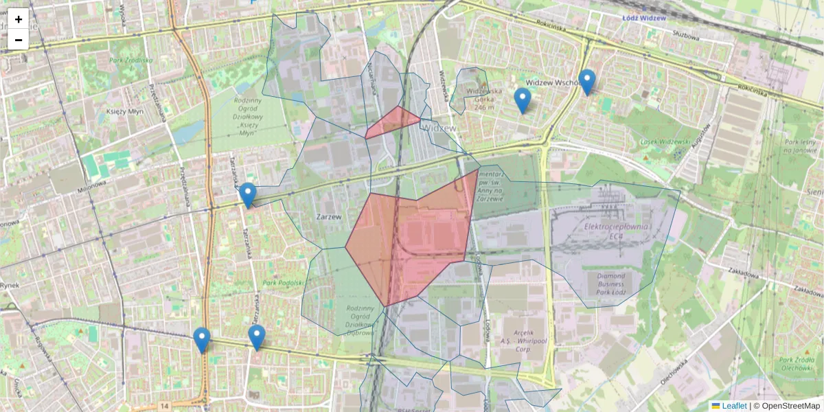 Szczegółowa mapa kodu pocztowego 92-312 z granicami, sąsiednimi kodami pocztowymi i urzędami pocztowymi