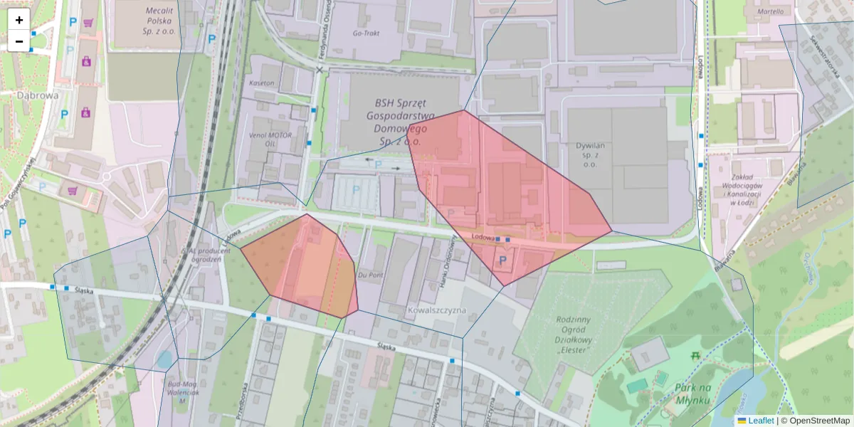 Szczegółowa mapa kodu pocztowego 92-313 z granicami, sąsiednimi kodami pocztowymi i urzędami pocztowymi