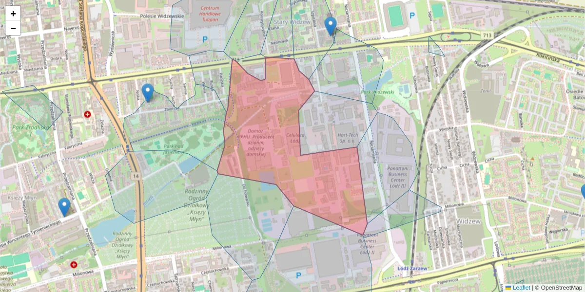 Szczegółowa mapa kodu pocztowego 92-318 z granicami, sąsiednimi kodami pocztowymi i urzędami pocztowymi