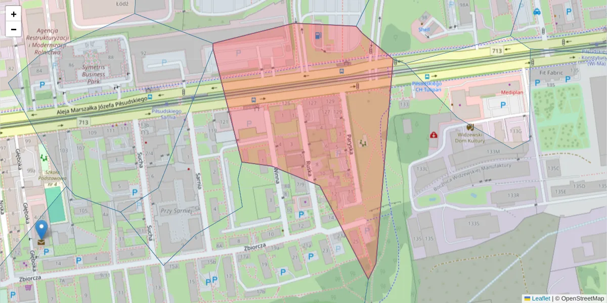Szczegółowa mapa kodu pocztowego 92-319 z granicami, sąsiednimi kodami pocztowymi i urzędami pocztowymi