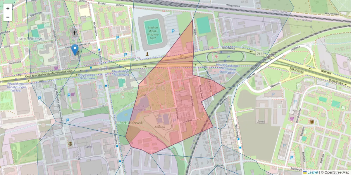 Szczegółowa mapa kodu pocztowego 92-321 z granicami, sąsiednimi kodami pocztowymi i urzędami pocztowymi