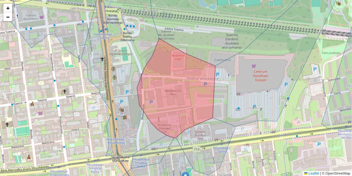 Szczegółowa mapa kodu pocztowego 92-333 z granicami, sąsiednimi kodami pocztowymi i urzędami pocztowymi
