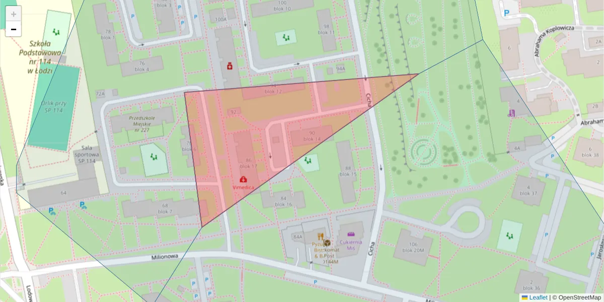 Szczegółowa mapa kodu pocztowego 92-334 z granicami, sąsiednimi kodami pocztowymi i urzędami pocztowymi
