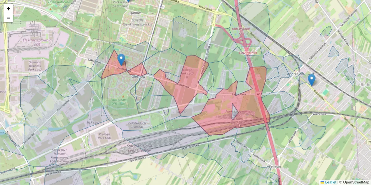Szczegółowa mapa kodu pocztowego 92-402 z granicami, sąsiednimi kodami pocztowymi i urzędami pocztowymi