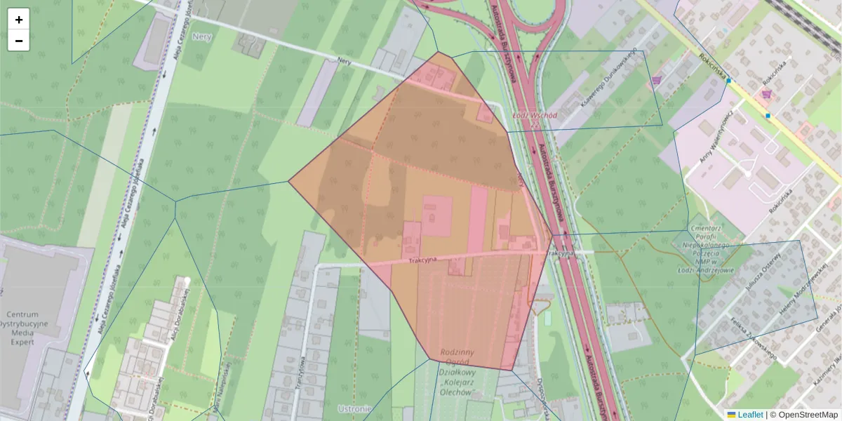 Szczegółowa mapa kodu pocztowego 92-409 z granicami, sąsiednimi kodami pocztowymi i urzędami pocztowymi