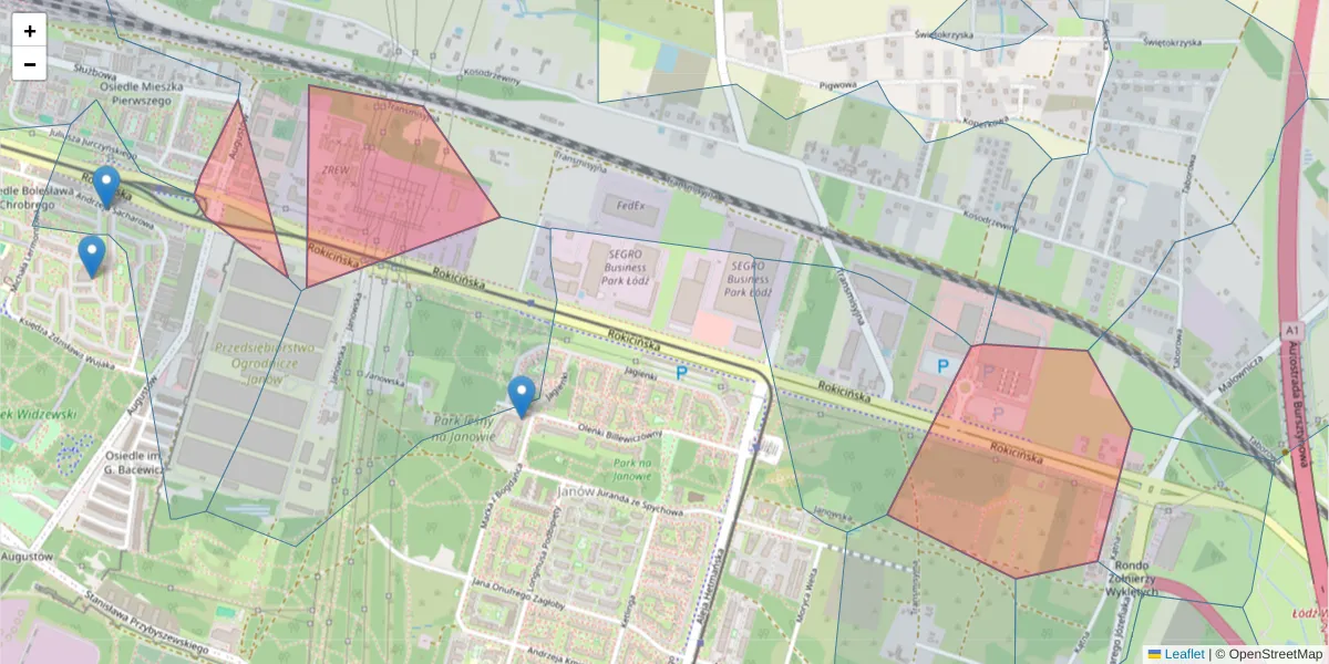 Szczegółowa mapa kodu pocztowego 92-412 z granicami, sąsiednimi kodami pocztowymi i urzędami pocztowymi