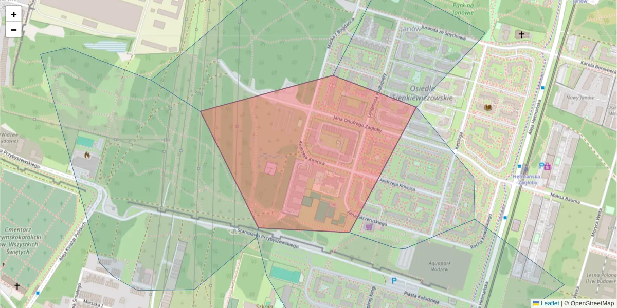 Szczegółowa mapa kodu pocztowego 92-432 z granicami, sąsiednimi kodami pocztowymi i urzędami pocztowymi