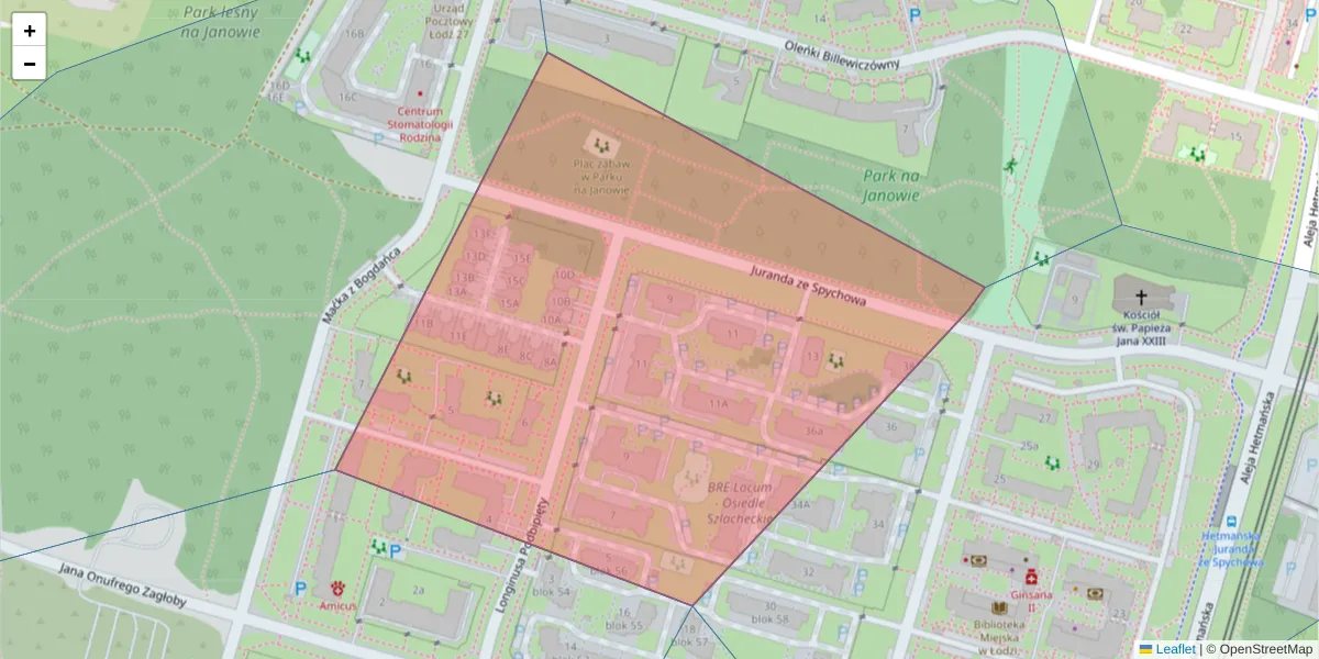 Szczegółowa mapa kodu pocztowego 92-436 z granicami, sąsiednimi kodami pocztowymi i urzędami pocztowymi