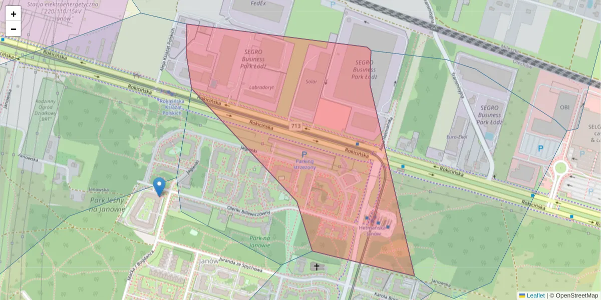 Szczegółowa mapa kodu pocztowego 92-439 z granicami, sąsiednimi kodami pocztowymi i urzędami pocztowymi