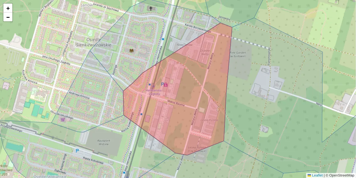 Szczegółowa mapa kodu pocztowego 92-444 z granicami, sąsiednimi kodami pocztowymi i urzędami pocztowymi