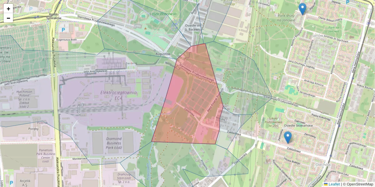 Szczegółowa mapa kodu pocztowego 92-445 z granicami, sąsiednimi kodami pocztowymi i urzędami pocztowymi