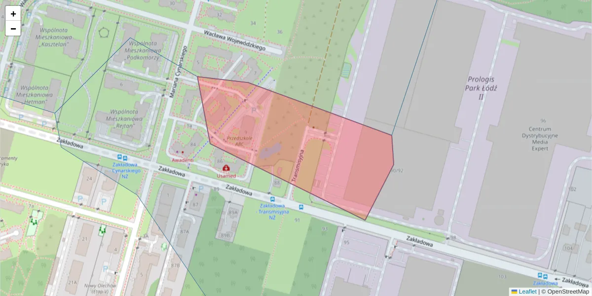 Szczegółowa mapa kodu pocztowego 92-447 z granicami, sąsiednimi kodami pocztowymi i urzędami pocztowymi