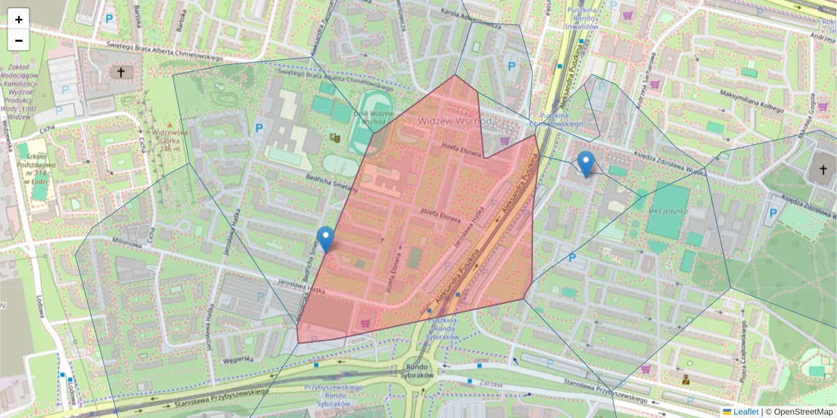 Szczegółowa mapa kodu pocztowego 92-504 z granicami, sąsiednimi kodami pocztowymi i urzędami pocztowymi