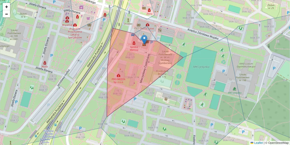 Szczegółowa mapa kodu pocztowego 92-508 z granicami, sąsiednimi kodami pocztowymi i urzędami pocztowymi