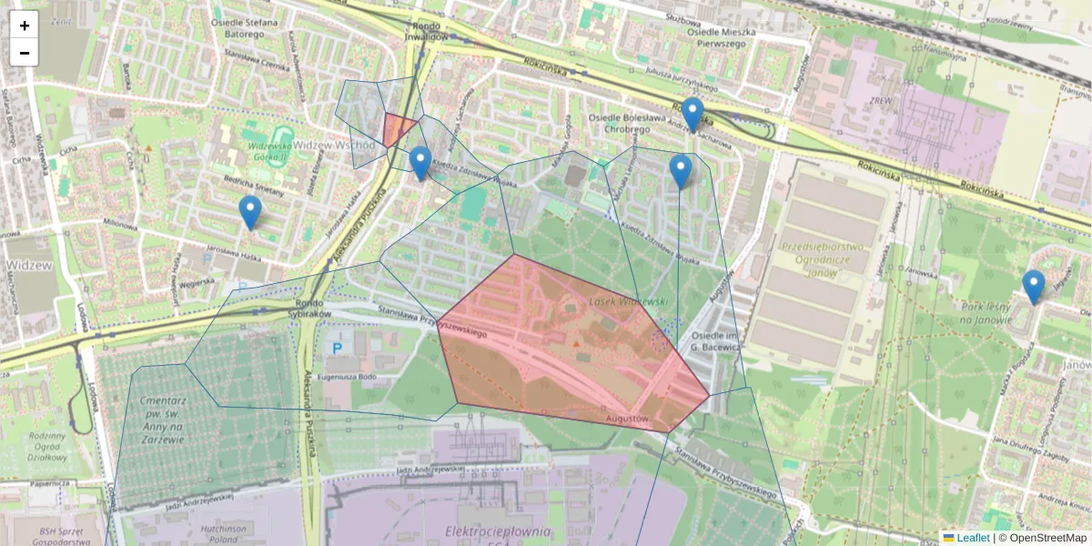 Szczegółowa mapa kodu pocztowego 92-511 z granicami, sąsiednimi kodami pocztowymi i urzędami pocztowymi