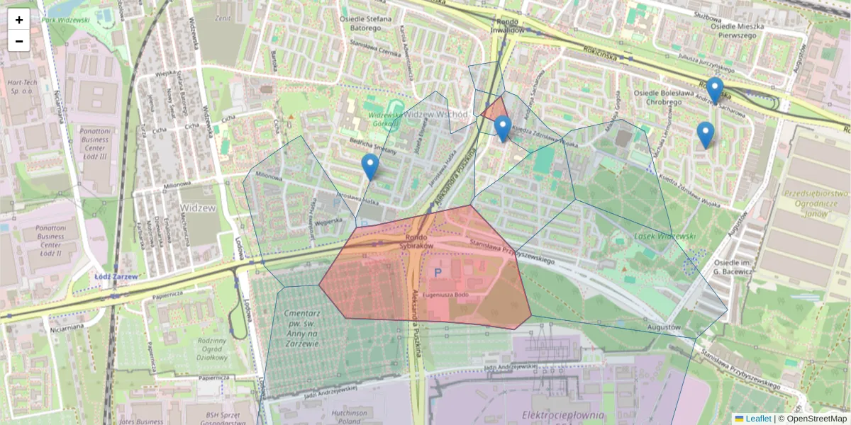 Szczegółowa mapa kodu pocztowego 92-516 z granicami, sąsiednimi kodami pocztowymi i urzędami pocztowymi