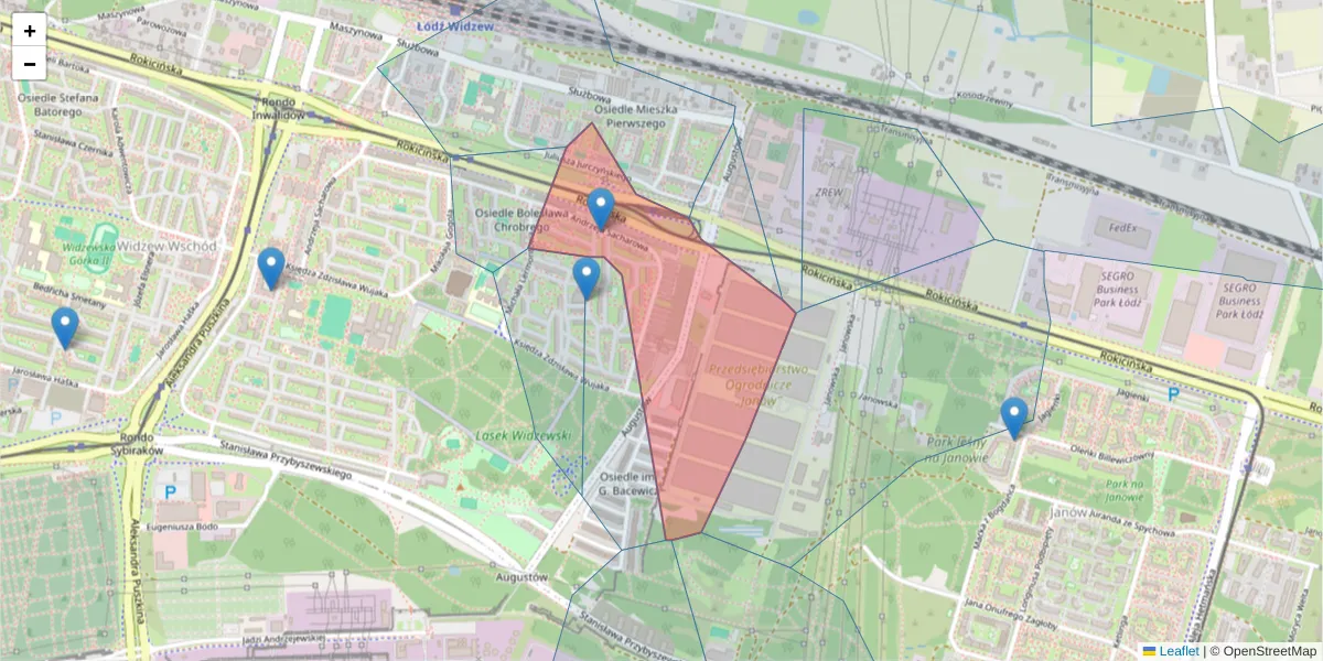 Szczegółowa mapa kodu pocztowego 92-517 z granicami, sąsiednimi kodami pocztowymi i urzędami pocztowymi