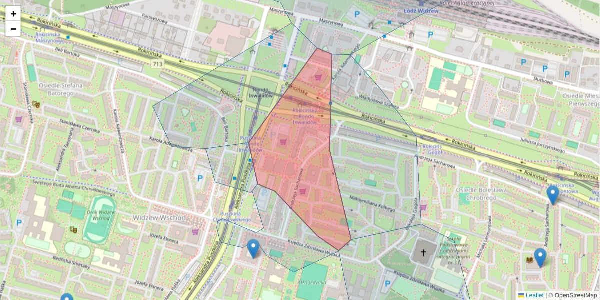 Szczegółowa mapa kodu pocztowego 92-525 z granicami, sąsiednimi kodami pocztowymi i urzędami pocztowymi