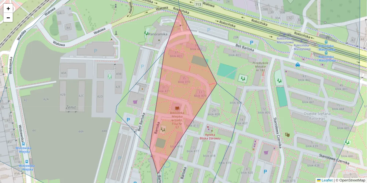 Szczegółowa mapa kodu pocztowego 92-546 z granicami, sąsiednimi kodami pocztowymi i urzędami pocztowymi