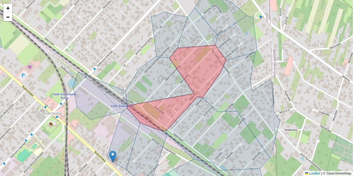 Szczegółowa mapa kodu pocztowego 92-607 z granicami, sąsiednimi kodami pocztowymi i urzędami pocztowymi