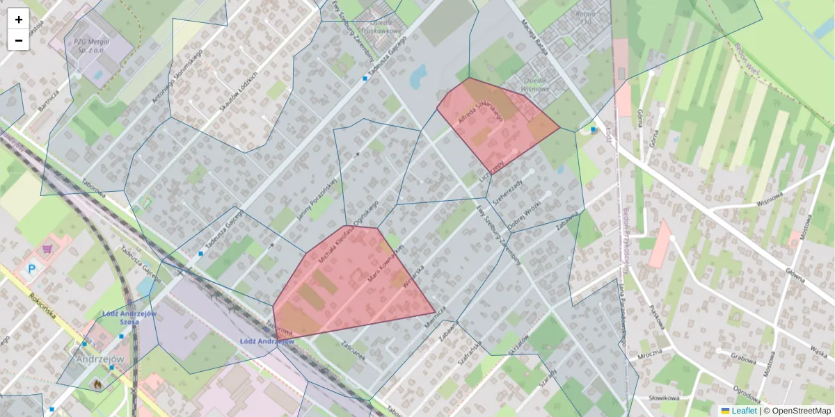 Szczegółowa mapa kodu pocztowego 92-608 z granicami, sąsiednimi kodami pocztowymi i urzędami pocztowymi