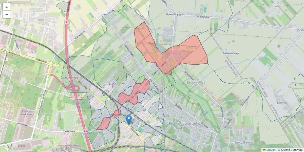 Szczegółowa mapa kodu pocztowego 92-610 z granicami, sąsiednimi kodami pocztowymi i urzędami pocztowymi