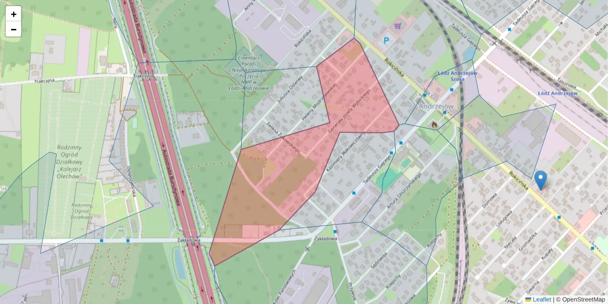Szczegółowa mapa kodu pocztowego 92-619 z granicami, sąsiednimi kodami pocztowymi i urzędami pocztowymi