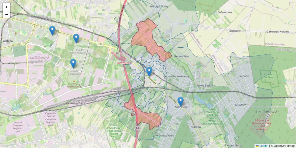 Szczegółowa mapa kodu pocztowego 92-637 z granicami, sąsiednimi kodami pocztowymi i urzędami pocztowymi