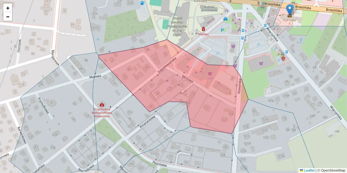 Szczegółowa mapa kodu pocztowego 92-721 z granicami, sąsiednimi kodami pocztowymi i urzędami pocztowymi