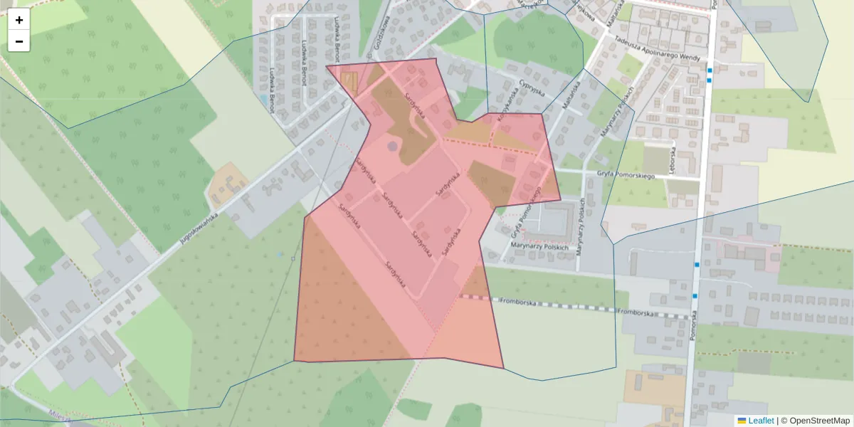 Szczegółowa mapa kodu pocztowego 92-733 z granicami, sąsiednimi kodami pocztowymi i urzędami pocztowymi