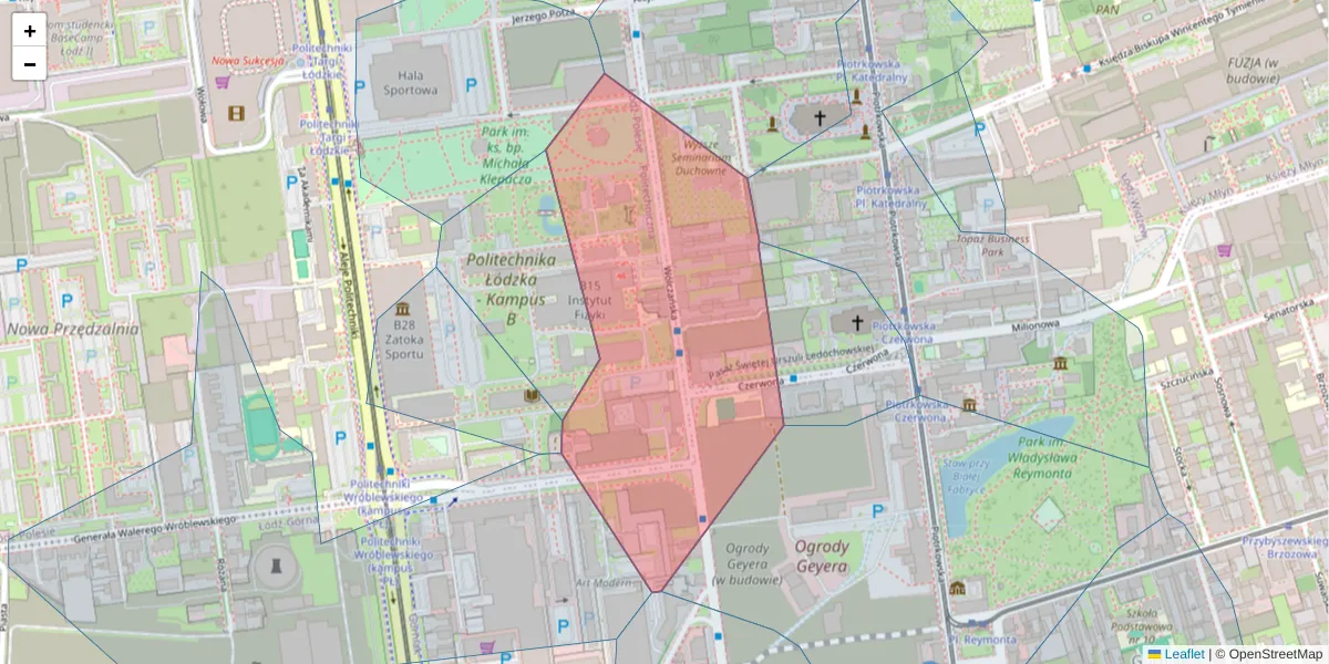 Szczegółowa mapa kodu pocztowego 93-005 z granicami, sąsiednimi kodami pocztowymi i urzędami pocztowymi