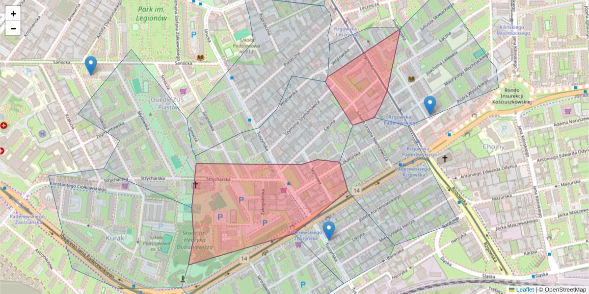 Szczegółowa mapa kodu pocztowego 93-020 z granicami, sąsiednimi kodami pocztowymi i urzędami pocztowymi