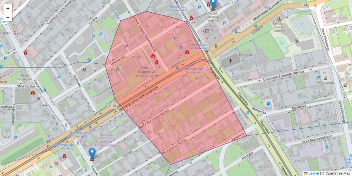 Szczegółowa mapa kodu pocztowego 93-024 z granicami, sąsiednimi kodami pocztowymi i urzędami pocztowymi