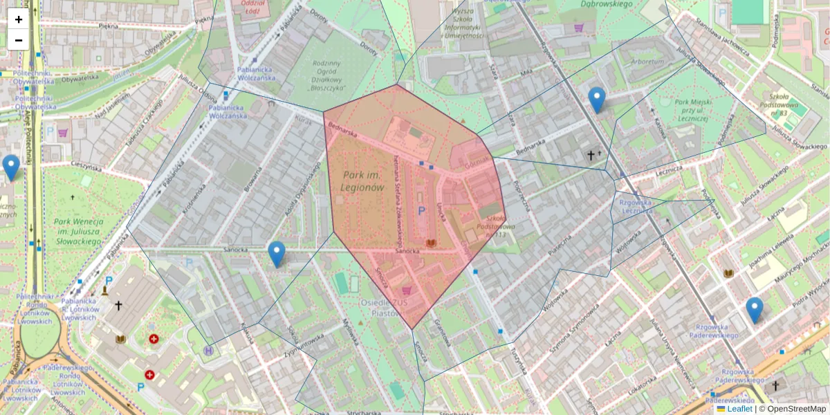 Szczegółowa mapa kodu pocztowego 93-030 z granicami, sąsiednimi kodami pocztowymi i urzędami pocztowymi