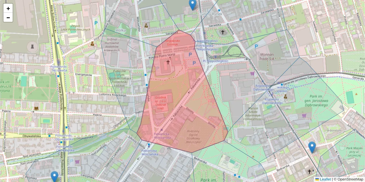 Szczegółowa mapa kodu pocztowego 93-036 z granicami, sąsiednimi kodami pocztowymi i urzędami pocztowymi