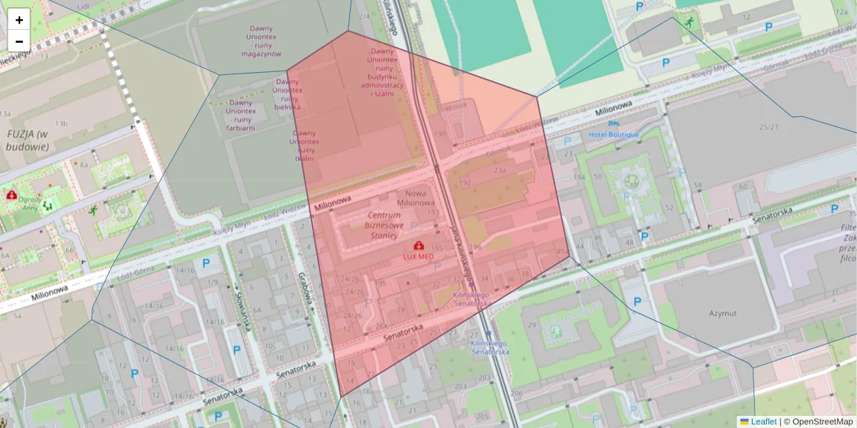 Szczegółowa mapa kodu pocztowego 93-105 z granicami, sąsiednimi kodami pocztowymi i urzędami pocztowymi