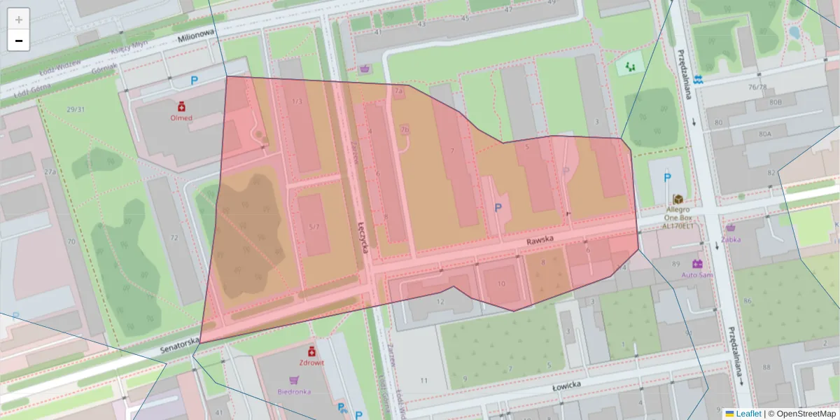 Szczegółowa mapa kodu pocztowego 93-109 z granicami, sąsiednimi kodami pocztowymi i urzędami pocztowymi