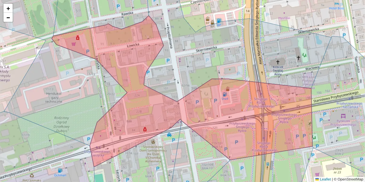 Szczegółowa mapa kodu pocztowego 93-110 z granicami, sąsiednimi kodami pocztowymi i urzędami pocztowymi