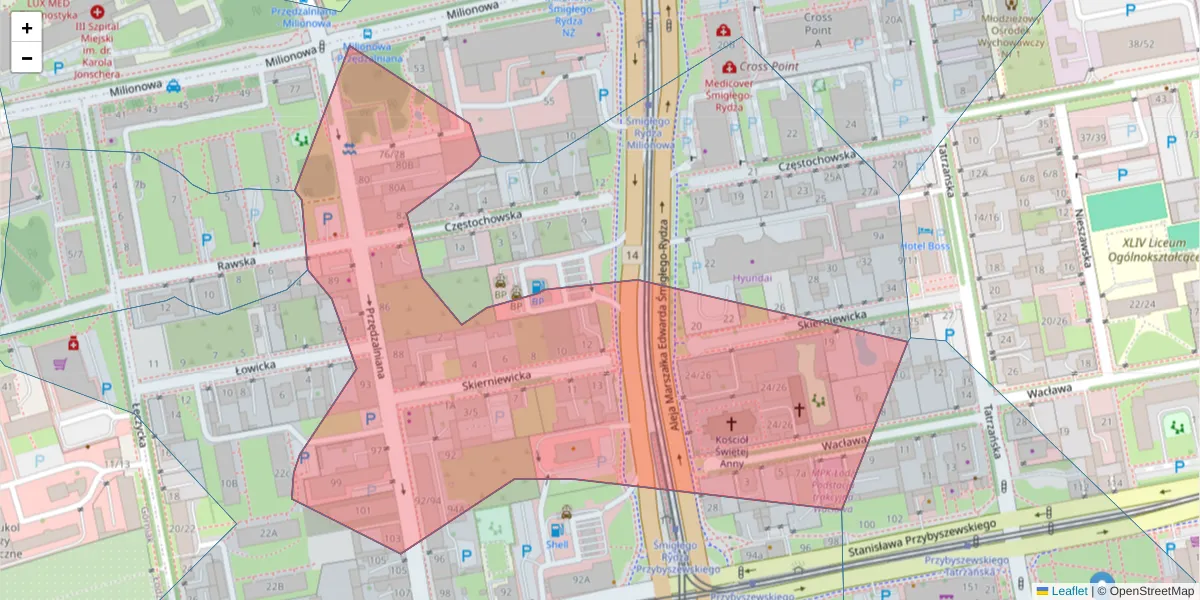 Szczegółowa mapa kodu pocztowego 93-114 z granicami, sąsiednimi kodami pocztowymi i urzędami pocztowymi