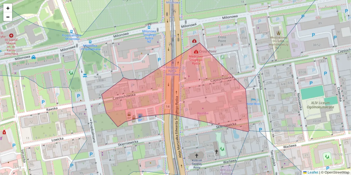 Szczegółowa mapa kodu pocztowego 93-115 z granicami, sąsiednimi kodami pocztowymi i urzędami pocztowymi