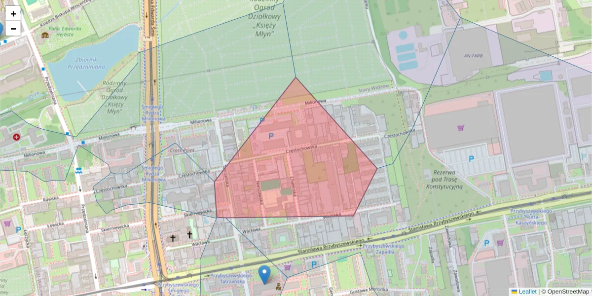 Szczegółowa mapa kodu pocztowego 93-119 z granicami, sąsiednimi kodami pocztowymi i urzędami pocztowymi