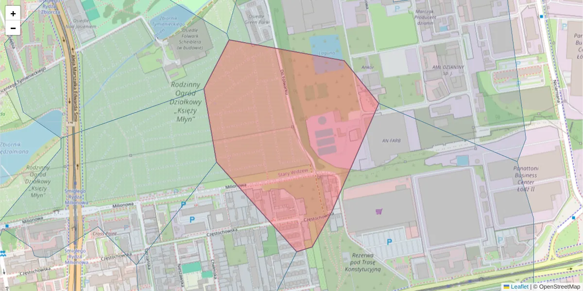 Szczegółowa mapa kodu pocztowego 93-121 z granicami, sąsiednimi kodami pocztowymi i urzędami pocztowymi